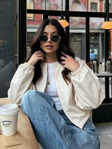 Women's Fashion Long Sleeve Regular Fit Fabric Bomber Jacket, Suitable For Spring And Autumn Casual Outings, Featuring Comfortable Non-Stretch Design. - Beige - View 2