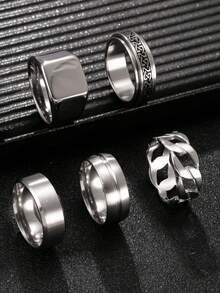 Set Cincin Klasik Berlapis Emas Stainless Steel 5 Buah, Perhiasan Pria Warna Gelap, Serbaguna dan Praktis, Cocok untuk Pemakaian Sehari-hari, Perlengkapan Halloween, Hadiah Hari Ayah, Hadiah untuk Suami - Perak - View 7