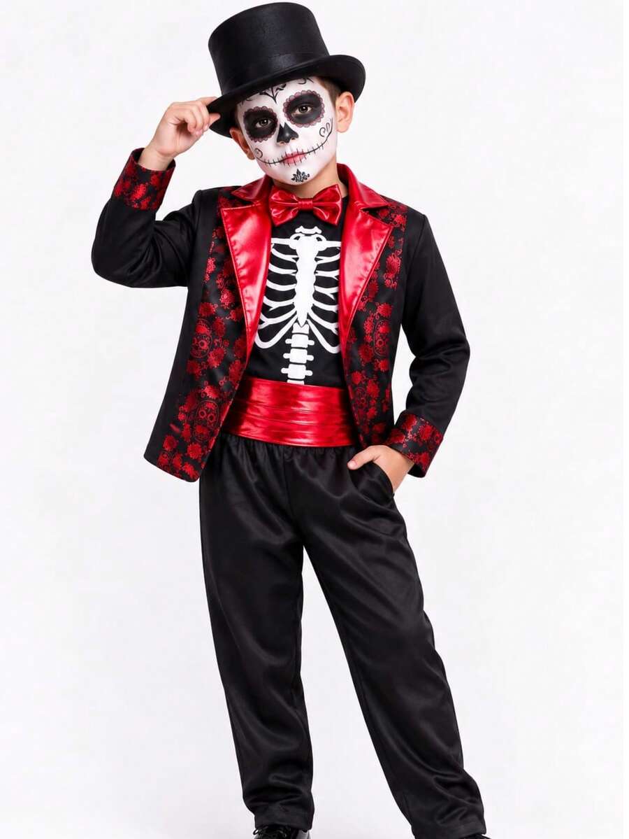 DISFRAZ ELEGANTE PARA NIÑOS DE CATRIN, PARA FIESTAS DE DIA DE MUERTOS O HALLOWEEN, IDEAL PARA LAS FESTIVIDADES DE NOVIEMBRE DE COLEGIOS DE LOS NIÑOS - Rojo - Ver 1