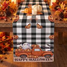 1pc Halloween Pumpkin Ghost Bat Spider Web Truck Plaid Print Table Runner, Suitable For Holiday, Party, Birthday, Dinner, Restaurant Table Decor, Autumn/Winter Halloween Home Decoration - A - View 3