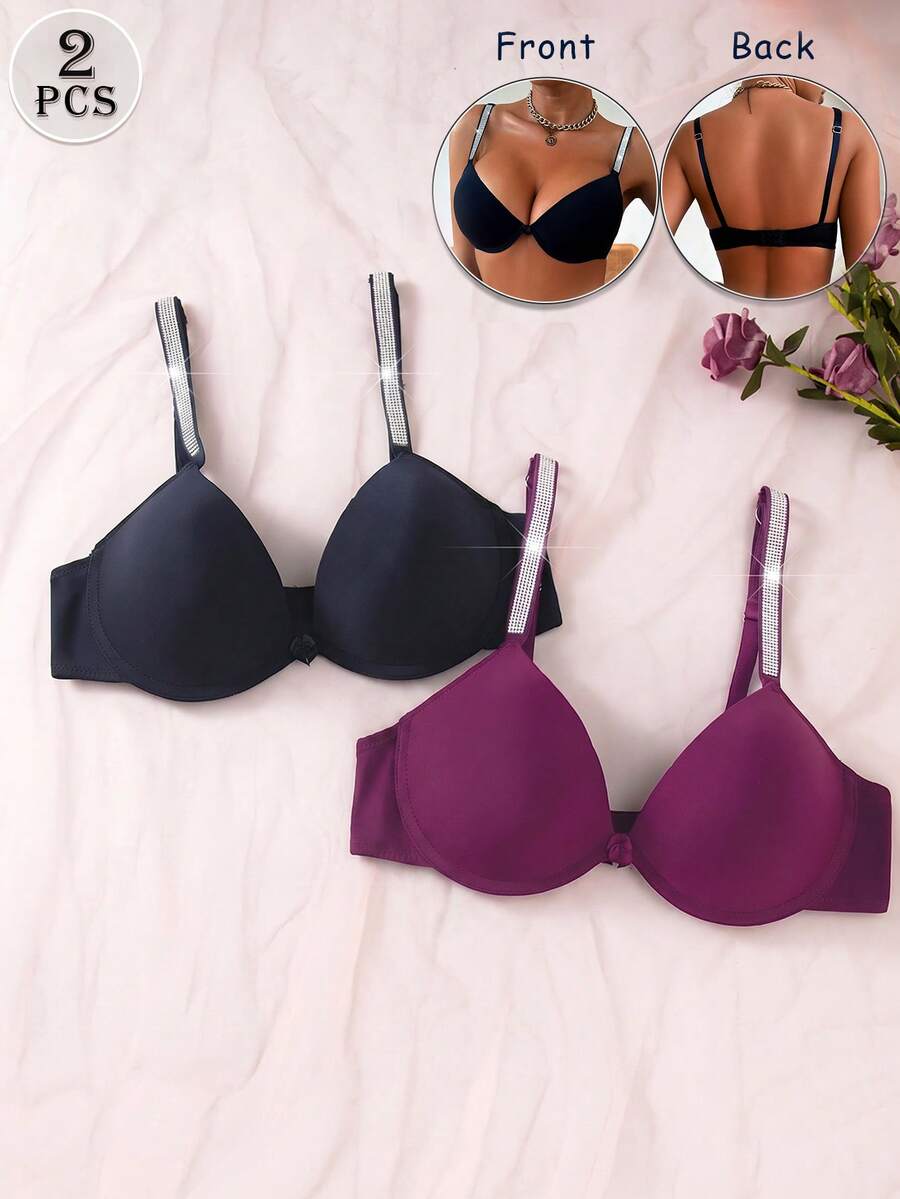 2pcs/Set Multicolor Women's Bra With Bowknot, Shiny Rhinestone Straps, Push-Up Lingerie - Multicolor - View 1