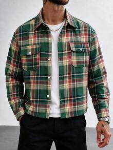 Modcrash Mens Green Plaid Workwear Shirt, Button Up Long Sleeve Top With Chest Pockets, Business Casual Commute Shirt - Multicolor - View 3