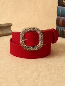 APLCSEY 2pcs Women's Suede PU Leather Belts With Metal Buckle, Fashionable Casual Street Style Holiday Waist Belts Suitable For Daily Use - Black + Red - View 5