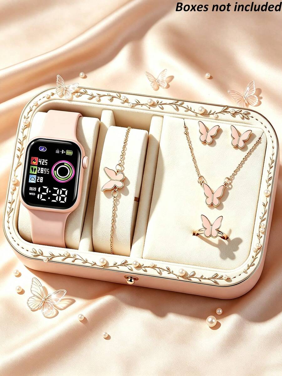 6pcs/Set Fashionable Minimalist Elegant Cute Square Digital Display LED Screen Electronic Watch, Matching Butterfly Jewelry Set Including Necklace, Bracelet, Earrings And Ring. Perfect For Girls To Wear At Parties, Holidays And Other Occasions. Also The Best Gift Choice For Mothers And Friends On Mother's Day, Back To School Season, Easter And More. (Gift Box Not Included) - Multicolor - View 1