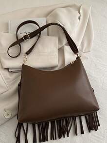 2026 New Suede Fringe Tote Handbag For Women, Chic Square Clasp Shoulder Bag, Crossbody Bag - Coffee - View 6