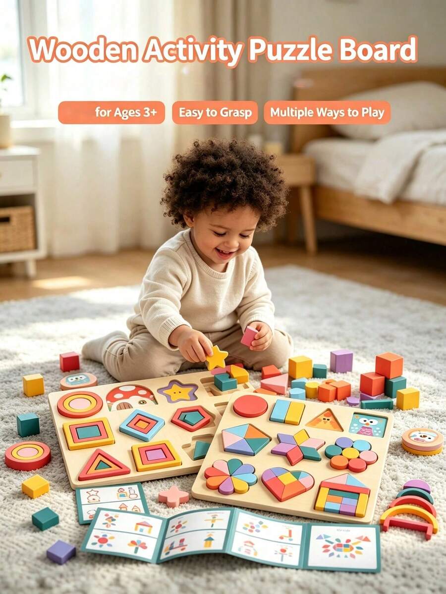 Mainan Puzzle Kayu Multifungsi 2 Bagian, Menggabungkan Pengenalan Hewan, Identifikasi Bentuk, Pencocokan Warna, Penumpukan, dan Membangun Berbagai Cara Bermain. Warna Lembut dan Kaya, Balok Besar Mudah Digenggam, Permukaan Halus.
