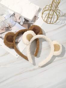 1pc Cute Brown Bear Ear Soft Plush Headband, Fluffy Animal Ear Makeup Home Hair Accessory - Multicolor - View 2