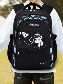 New Student Backpack, Lightweight Double Shoulder Bag For Boys And Girls, Astronaut Design, Large Capacity, Cute College Style - Black - View 3