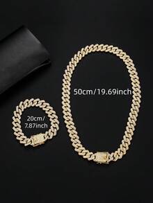 2pcs/Set Men's Hip Hop Accessories, Full Rhinestone Encrusted Gold & Silver Necklace And Bracelet, Suitable For Wedding, Party, And Daily Wear - Rhinestone Cuban Two-piece Set - View 9