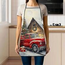 1pc Christmas Watercolor Vintage Red Pickup Truck Print Apron, Red Pickup Truck Parked In Front Of Wooden Cabin, Truck Bed And Snow Field Decorated With Gift Boxes, Snowy Christmas Tree With Colorful Ball Lights Beside - Durable Cooking Apron Suitable For Bakers, Cake Decorators, BBQ Enthusiasts, Gardeners, Painters, Nail Artists - Perfect Gift For Home And Professional Chefs - Multicolor - View 5