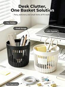 1pc Round Hollow Vertical Stripe Plastic Pen Holder, Minimalist Desktop Stationery Storage Organizer, Student Office Miscellaneous Items Storage Basket, Chopstick Holder, Back To School Essential - Multicolor - View 3