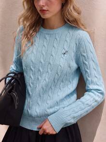 Women's Winter Casual Minimalist V-Neck Pullover Sweater With Retro Argyle Pattern - Baby Blue - View 1