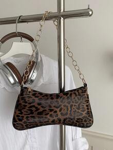 1pc Leopard Print Gold Chain Decor Shoulder Underarm Baguette Bag - Mocha Brown - View 10