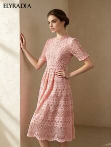 ELYRADIA Women's Elegant Pink Mid-Length Dress, Stand Collar A-Line Hollow-Out Water-Soluble Lace Wedding Guest Party Gown - Pink - View 2