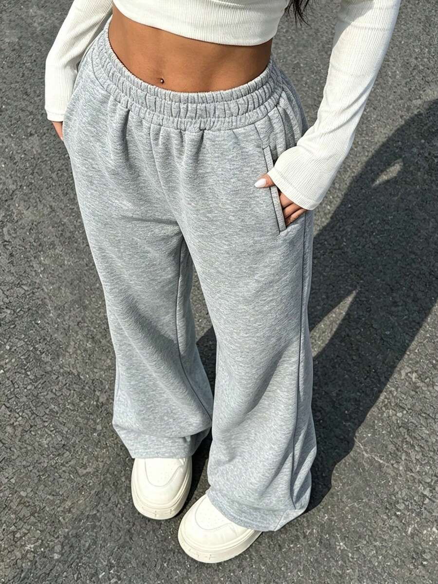 女款休閒純色彈性腰口袋寬鬆喇叭褲,淺灰色女款運動長褲,適合街頭、度假、派對、畢業季秋季 - 淺灰色 - 查看 1
