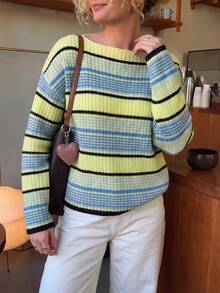 Women Fall Winter Color Block Striped Knit Sweater, Boat Neck Long Sleeve Loose Drop Shoulder Pullover For Daily, Date & Street Wear - Multicolor - View 6