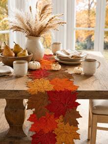 1pc Autumn Maple Leaf Shaped Linen Table Runner, Farmhouse Style Harvest Layered Leaf Dining Table Runner, Rustic Seasonal Table Centerpiece Decor, Suitable For Kitchen, Dining Room, Coffee Table, Thanksgiving Halloween Autumn Home Party Decoration - Multicolor - View 8