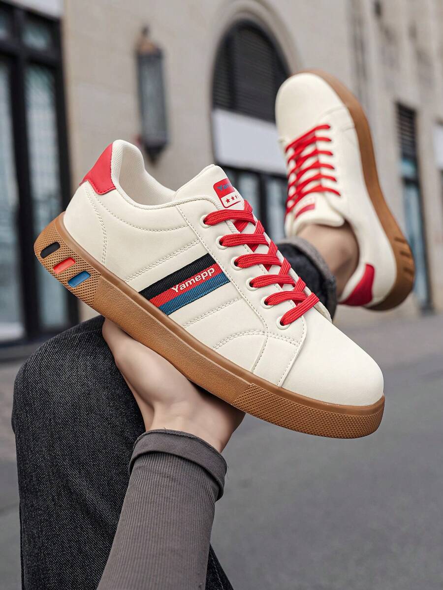 Men's Classic Beige Striped Colorblock Design Casual Sneakers, Versatile Comfortable Outdoor Skateboard Shoes