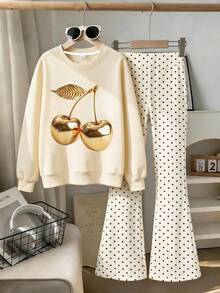 2 Pieces Outfit Set For Older Girls And Teens, Includes 1 Apricot Crew Neck Sweatshirt And 1 Polka Dot Flare Pants, Featuring Distinctive Gold Cherry Pattern, Minimalist Casual Style - Apricot - View 5