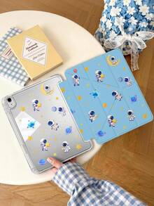 1件裝 藍色太空人星星平板保護殼，相容 iPad Mini6/7/Air/Air2/9.7/10.2/10.5/10.9 (Air4-Air8)/Pro 11/10th Gen/A16/Pro 11 2024 機型，雙面彩繪圖案平板套，透明壓克力背殼，絲綢質感 8 折支架，自動休眠/喚醒，內建筆槽，不含筆，部分機型附相機框 - 彩色 - 查看 4