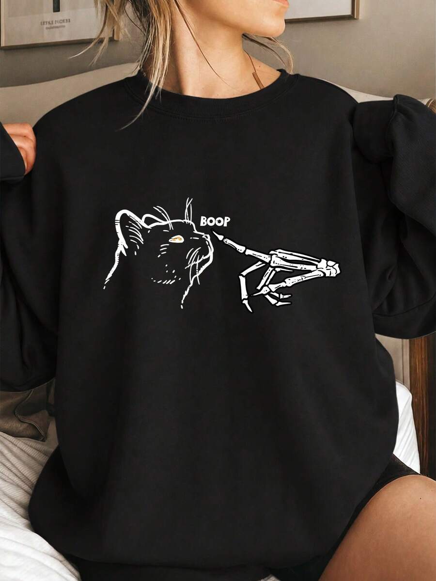 Cat Print Round Neck Sweatshirt, Plus Size Women's Casual Autumn/Winter Long Sleeve Sweatshirt Black - Black - View 1