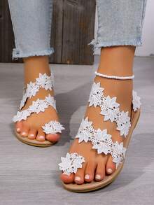Women's Flat Sandals, Comfortable Soft Flat Sole, Romantic Lace Flower Decor, Suitable For Beach Vacation, Casual Outings - White - View 3