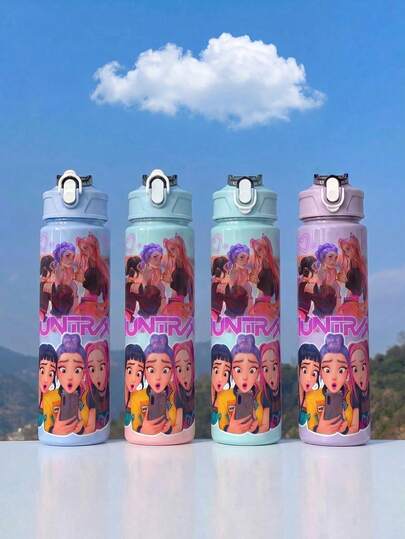 KPop Demon Hunters 1 st sportvattenflaska i 5 färger med tecknad anime-stil, spillskyddande flip-lock, 800 ml/27 oz resemugg med rem, sugrör och lock, söt design, hög kvalitet, läcksäker, stötsäker och hållbar, stor portabel mugg för utomhusbruk, lämplig för korta resor, vandring, picknick, löpning och fitness, skolstartstillbehör och bilaccessoar