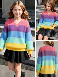 1 buah Sweater Pullover Leher V Bergaris Warna-warni Gaya Akademi Elegan untuk Anak Perempuan Remaja, Musim Semi/Gugur/Dingin, Halloween - MultiWarna - View 2