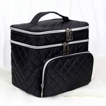 Large Capacity Quilted Makeup Bag With Handle And Zipper - Multi-Functional Double Layer Travel Cosmetic Organizer, Black Fabric With Embroidered Woven Pattern And Silver Zipper, Large Size Makeup Bag, Compartmentalized Storage, Convenient And Tidy - Black - View 7