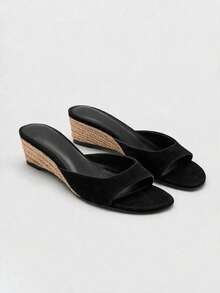 2026 Spring/Summer New Women's Faux Leather Mule Wedge Open-Back Sandals - Black - View 7