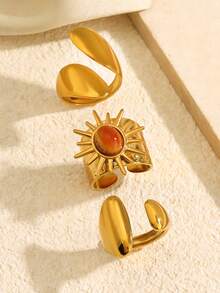 3pcs Stainless Steel Gold Fashionable Vintage Old Money Style Geometric Wide Face Heavy Sun Ring Set Suitable For Women Daily, Holiday, Date Wear - Multicolor - View 1