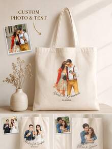 Tas Tote Potret Foto Kustom, Nama dan Tanggal yang Dipersonalisasi, Tas Bahu Seni Cat Air, Hadiah Sentimental untuk Pasangan, Ulang Tahun Pernikahan, dan Penggunaan Sehari-hari - MultiWarna - View 1