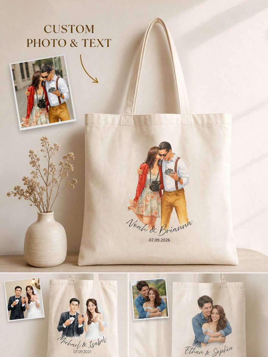 Tas Tote Potret Foto Kustom, Nama dan Tanggal yang Dipersonalisasi, Tas Bahu Seni Cat Air, Hadiah Sentimental untuk Pasangan, Ulang Tahun Pernikahan, dan Penggunaan Sehari-hari - MultiWarna - View 1
