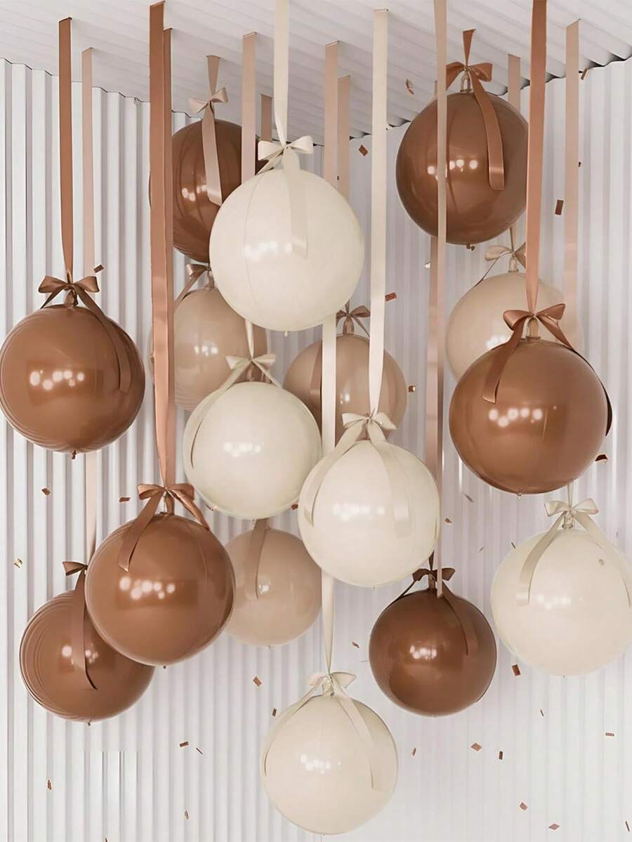 Bulk 22-Inch 4D Metallic Foil Balloon Set With Satin Bow Ribbon, Giant Round Balloons For Ceiling Holiday Decor, New Year, Birthday, Wedding Party Decoration (Cream, Beige, Khaki) - CBK 4D - View 1