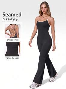 Cross-Back Yoga Jumpsuit, Pilates Workout One-Piece Jumpsuit, Slimming And Flattering. Sports Black - Black - View 1