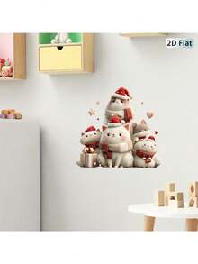 1pc 2D Flat Wall Sticker, Cute Fluffy Cat Wearing Christmas Hat And Red Knitted Scarf, Gift Box, Heart, Star, Snowflake Pattern, Suitable For Living Room, Bedroom, Christmas Home Decor - Christmas Decorations - View 2