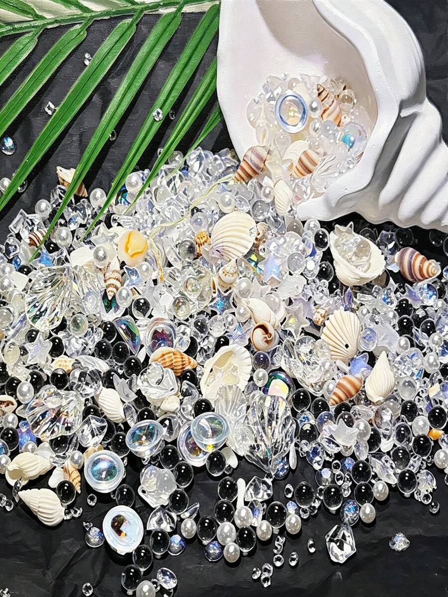 Ocean Theme DIY Handmade Beads & Decorative Elements, Mixed Color Shells, Pearl Pendants, Crystal Beads & Rhinestones, Mermaid Jewelry Making Materials, Resin Art, Scrapbooking & DIY Decorative Accessories - Multicolor - View 1