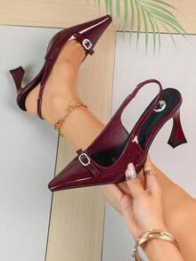 Women's Burgundy Patent Pointed Toe Slingback Sandals, Rhinestone Bow Decor Back Strap, Vintage Flared Heel Closed Toe Dress Heels - Burgundy - View 4