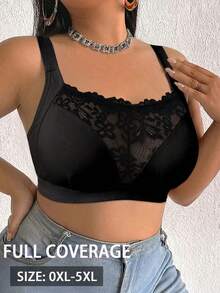 Lace Patchwork Sexy Plus Size Women's Bra, Wireless Casual Comfortable Back Design Thin Sports - Black - View 4