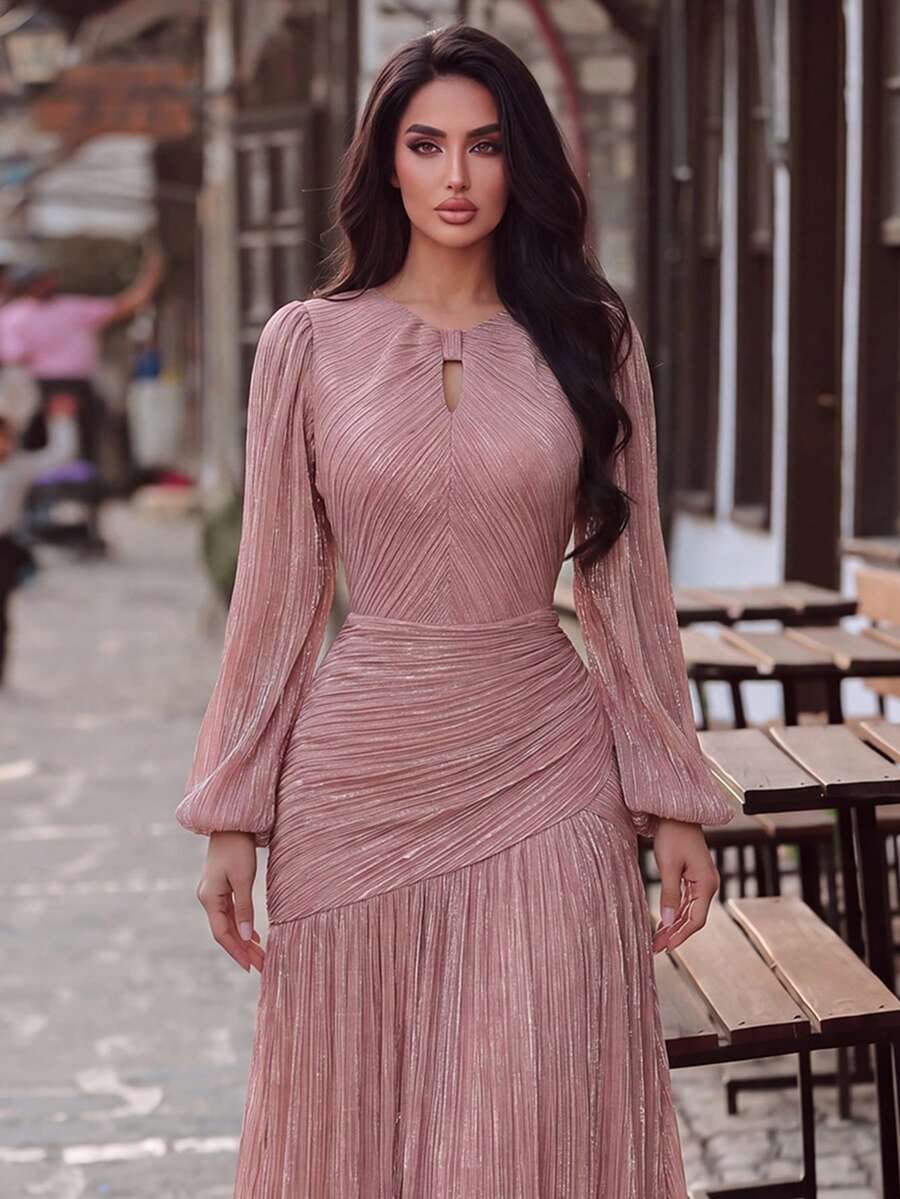 Elegant Round Neck Front Cutout Evening Gown, Suitable For Weddings, Galas, Anniversaries And Formal Occasions Party Fall - Dusty Pink - View 1