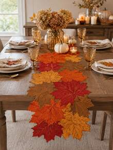 1pc Autumn Maple Leaf Shaped Linen Table Runner, Farmhouse Style Harvest Layered Leaf Dining Table Runner, Rustic Seasonal Table Centerpiece Decor, Suitable For Kitchen, Dining Room, Coffee Table, Thanksgiving Halloween Autumn Home Party Decoration - Multicolor - View 3