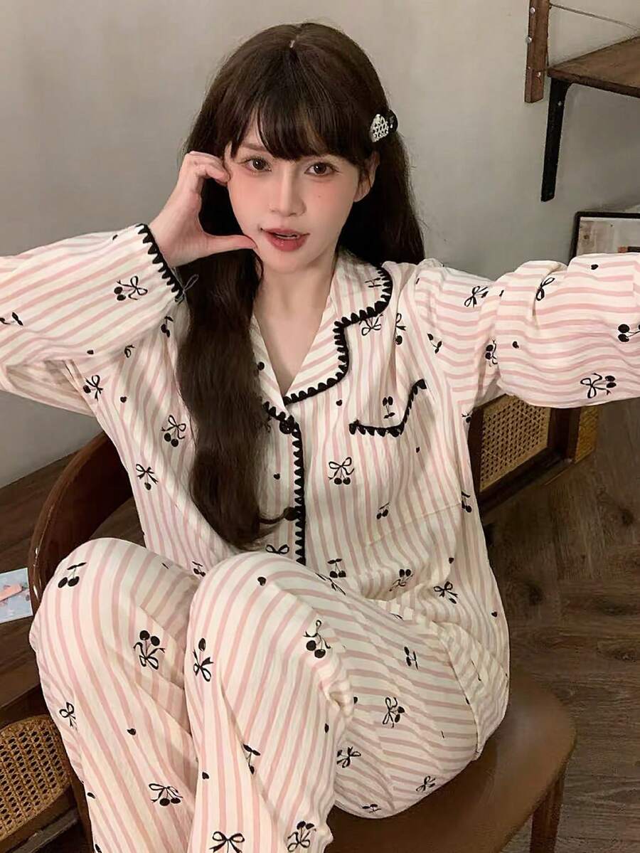 2pcs/Set Women's Pajamas Loungewear, Open Front Lapel Bow Print Minimalist Casual Long Sleeve Cropped Pants, Easy Care Fabric - Pink - View 1