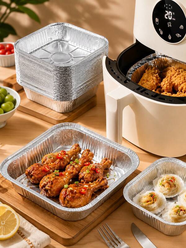 50pcs Aluminum Foil Air Fryer Liners, Air Fryer Pads | 6.3 Inch (Approx. 16cm) Square Non-Stick Paper, Aluminum Foil, Suitable For Baking, Frying, Grilling, Microwave Baking