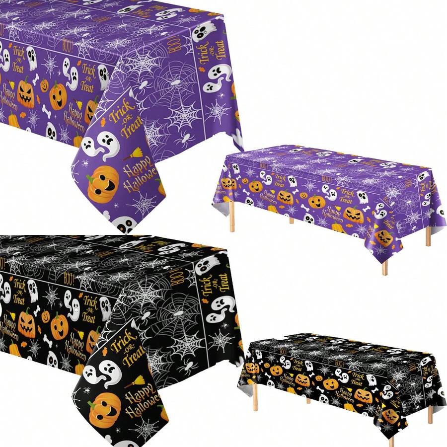 1pc/4pcs 54" X 108" Orange & Black Disposable Plastic Tablecloth, Cute Pumpkin & Ghost Design, Suitable For Trick Or Treat Halloween Decoration, Indoor/Outdoor Rectangular Tabletop - Multicolor - View 1