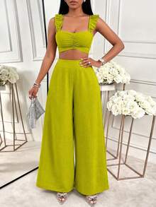 Women's Autumn Green Fashion 2 Pieces Set, Square Neck Ruffle Ruched Cropped Camisole With Elastic Back Design, Paired With High-Waist Wide-Leg Pants; Suitable For Vacation, Holiday, Date, Party, Weekend Outing And Festival Wear - Olive Green - View 3