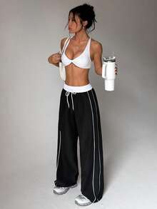 Women Contrast Waist Drawstring Wide Leg Woven Pants,Side Striped Piping Design,Athleisure Gym Outdoor Daily Trousers - Black - View 6