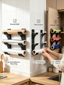 4/2pcs Wall-Mounted 3-Roll Kitchen Storage Rack, Fits Kitchen Paper Towels, Plastic Wrap, Aluminum Foil, Suitable For 50mm Diameter Rolls, No-Drill Space-Saving Mark-Free Hanging Rack, Suitable For Cabinet Doors, Tiles, Kitchen Organization, Practical Home Kitchen Gift, Home Decor, Bathroom Decor, Autumn Home Decor, Christmas Home Decor, Halloween Decor, Suitable For Wedding Events, National Day Gifts, National Day School Gifts, Saudi National Day Gifts, Suitable For Saudi Arabia National Day Events, Halloween, Christmas - Multicolor - View 5