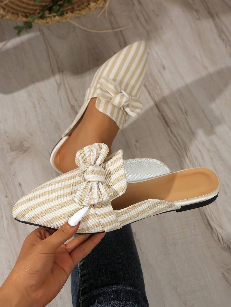 2026 Autumn/Winter New Khaki Striped Bow Pointed Toe Comfortable Lightweight Women's Half-Sling Shoes - Khaki - View 1