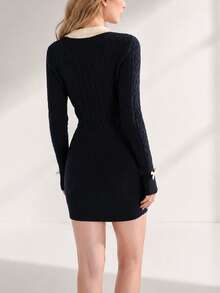Gaun Sweater Pendek Lengan Panjang Rajut Terbaru untuk Wanita, Kerah Warna Kontras dan Detail Kancing, Sempurna untuk Menciptakan Tampilan Musim Dingin yang Langsing - Hitam - View 2