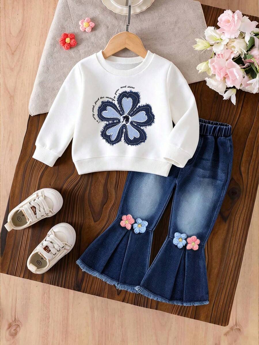 Young Girl Floral Print Crew Neck Sweatshirt And Denim Skinny Flare Pants - White - View 1